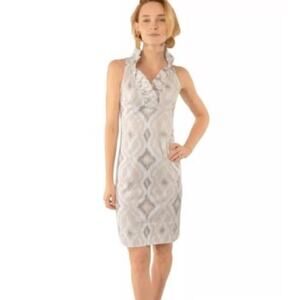 Gretchen Scott Ruffle Neck Sleeveless Dress Jersey Sheath Abstract Print Tan XL